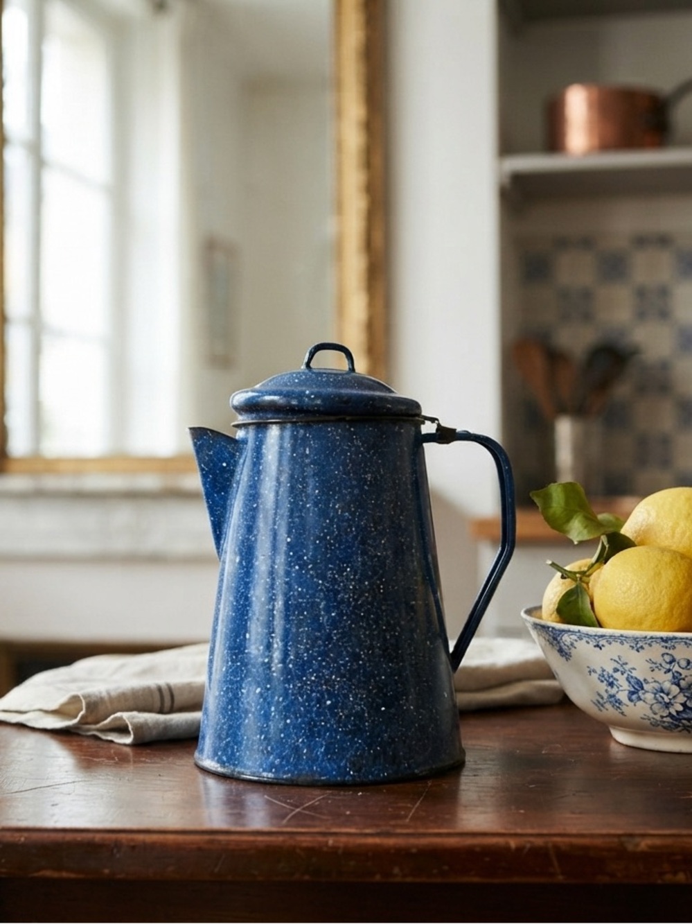 Vintage Large Cobalt Blue White Enamel Graniteware Camp Coffee Pot Percolator